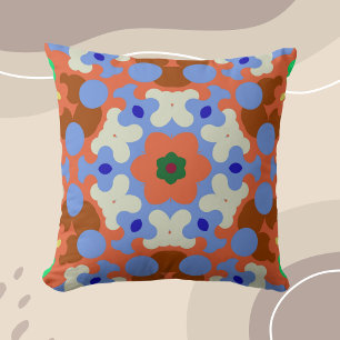 Retro Mandala Flower Orange Blue and Yellow Cushion