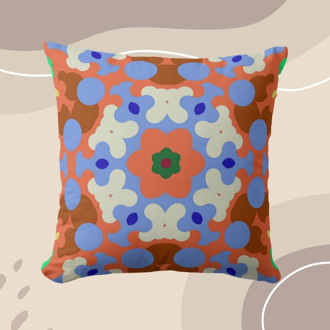 Retro Mandala Flower Orange Blue and Yellow Cushion (Creator Uploaded)