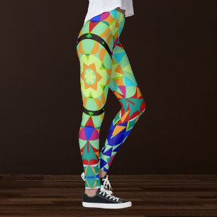 Retro Mandala Flower Orange Red and Blue Leggings