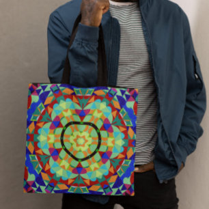 Retro Mandala Flower Orange Red and Blue Tote Bag
