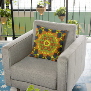 Retro Mandala Flower Orange Yellow and Blue Cushion