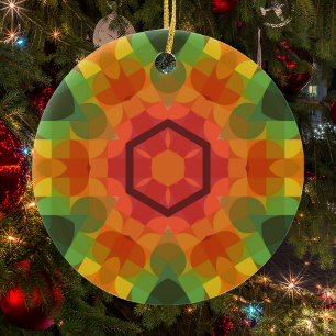 Retro Mandala Flower Orange Yellow and Green Ceramic Tree Decoration