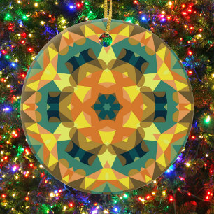 Retro Mandala Flower Orange Yellow and Green Ceramic Tree Decoration