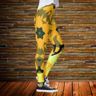 Retro Mandala Flower Orange Yellow and Green Leggings