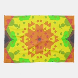 Retro Mandala Flower Orange Yellow and Green Tea Towel