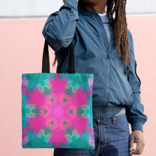 Retro Mandala Flower Pink and Blue Tote Bag
