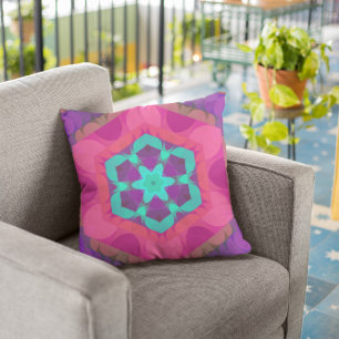 Retro Mandala Flower Pink Blue and Purple Cushion