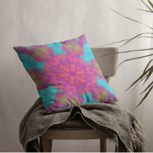 Retro Mandala Flower Pink Blue and Purple Cushion