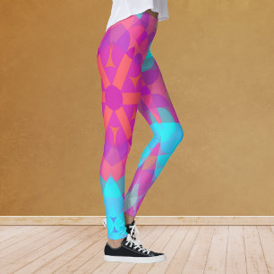 Retro Mandala Flower Pink Blue and Purple Leggings