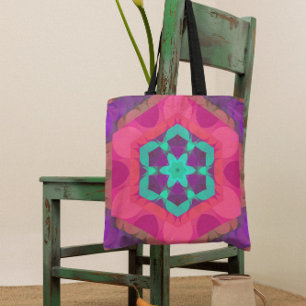 Retro Mandala Flower Pink Blue and Purple Tote Bag
