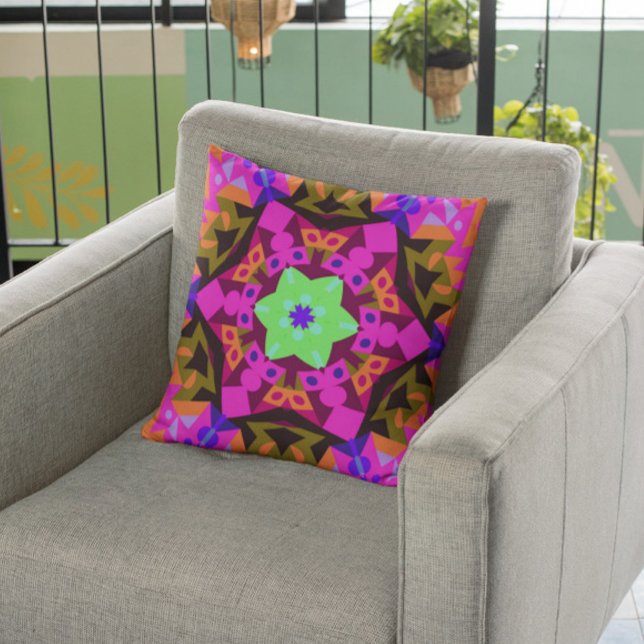 Retro Mandala Flower Pink Orange and Green Cushion (Creator Uploaded)