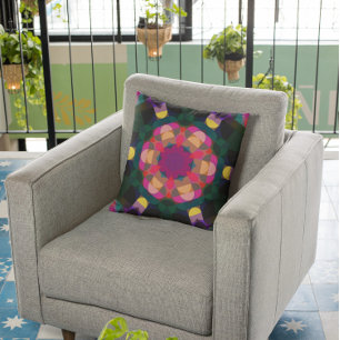 Retro Mandala Flower Pink Purple and Yellow Cushion
