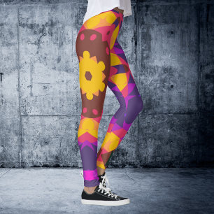 Retro Mandala Flower Pink Purple and Yellow Leggings
