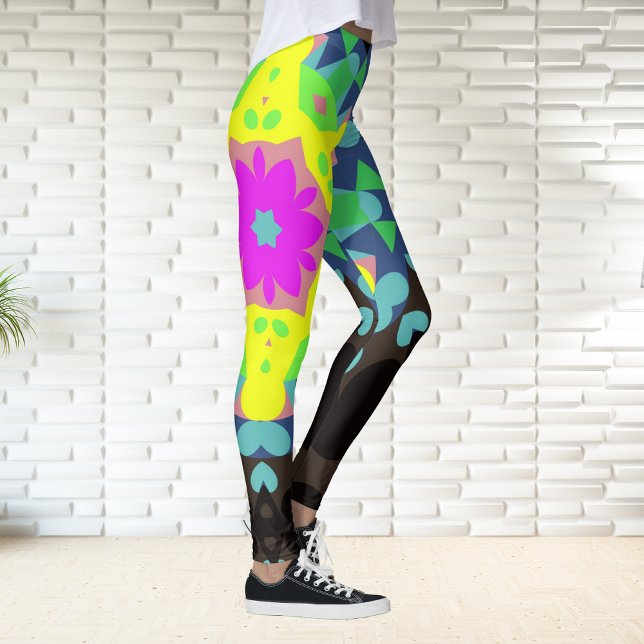 Retro Mandala Flower Pink Yellow and Blue Leggings (Creator Uploaded)