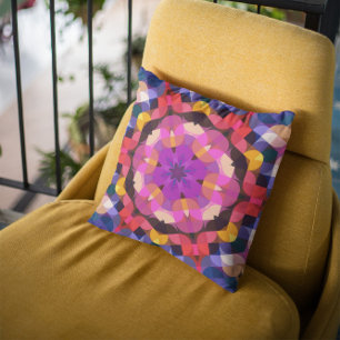 Retro Mandala Flower Purple Pink and Yellow Cushion