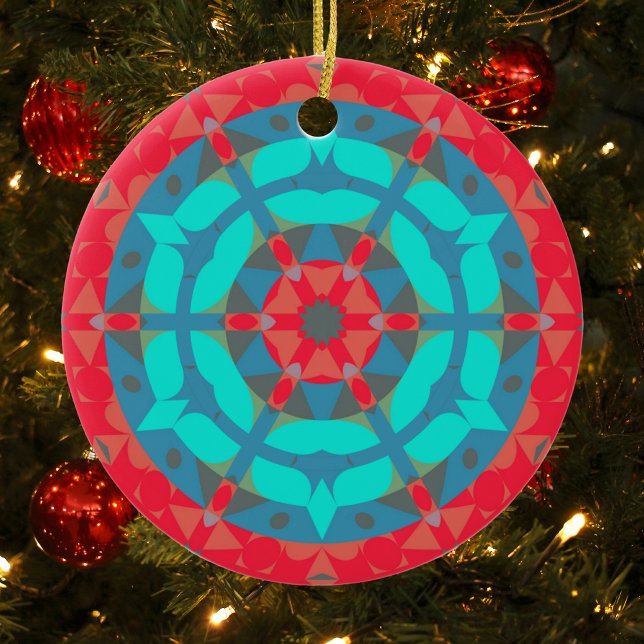Retro Mandala Flower Red and Blue Ceramic Tree Decoration (Creator Uploaded)