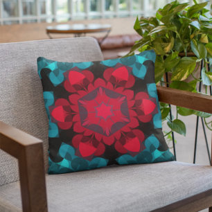 Retro Mandala Flower Red and Blue Cushion