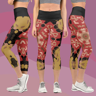 Retro Mandala Flower Red and Brown Capri Leggings