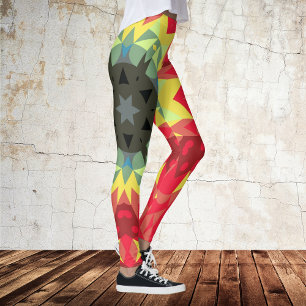 Retro Mandala Flower Red and Yellow Leggings