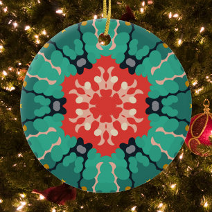 Retro Mandala Flower Red Blue and Yellow Ceramic Tree Decoration
