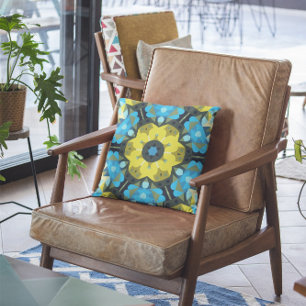 Retro Mandala Flower Yellow and Blue Cushion