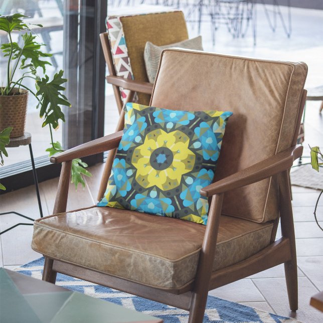 Retro Mandala Flower Yellow and Blue Cushion (Creator Uploaded)