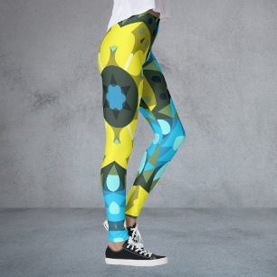 Retro Mandala Flower Yellow and Blue Leggings