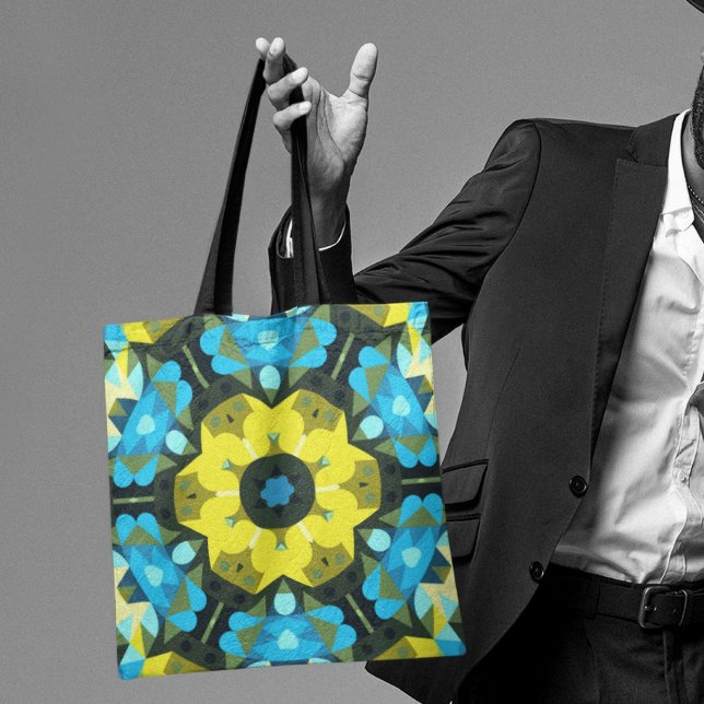 Retro Mandala Flower Yellow and Blue Tote Bag (Creator Uploaded)