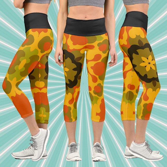 Retro Mandala Flower Yellow and Orange Capri Leggings (Creator Uploaded)