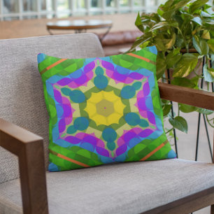 Retro Mandala Flower Yellow Blue and Purple Cushion