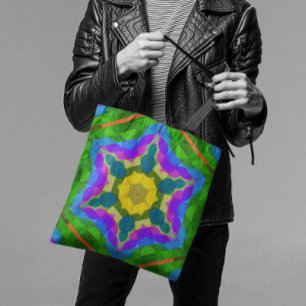 Retro Mandala Flower Yellow Blue and Purple Tote Bag