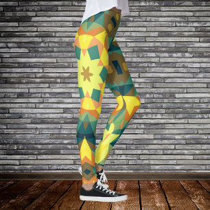 Retro Mandala Flower Yellow Green and Orange Leggings
