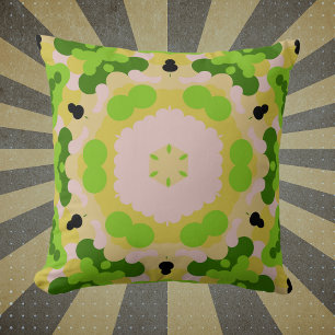 Retro Mandala Flower Yellow Green and White Cushion