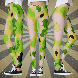Retro Mandala Flower Yellow Green and White Leggings