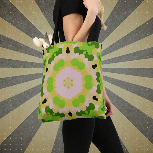 Retro Mandala Flower Yellow Green and White Tote Bag (Creator Uploaded)