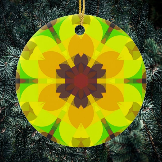 Retro Mandala Flower Yellow Orange and Green Ceramic Tree Decoration (Creator Uploaded)