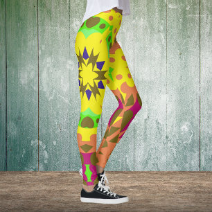 Retro Mandala Flower Yellow Orange Green and Pink Leggings