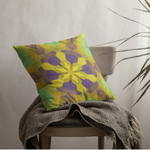 Retro Mandala Flower Yellow Purple and Green Cushion