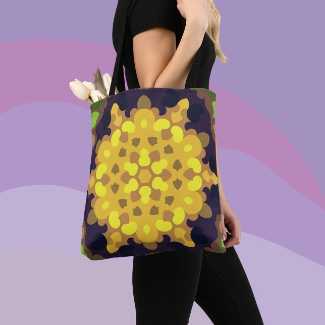 Retro Mandala Flower Yellow Purple and Green Tote Bag (Creator Uploaded)