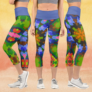 Retro Mandala Green Blue and Pink Capri Leggings