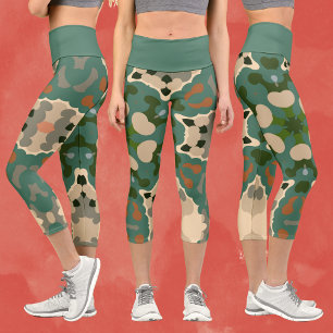 Retro Mandala Green Brown and Orange Capri Leggings