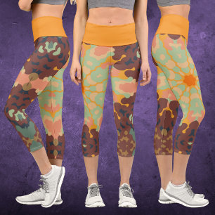 Retro Mandala Green Orange and Yellow Capri Leggings