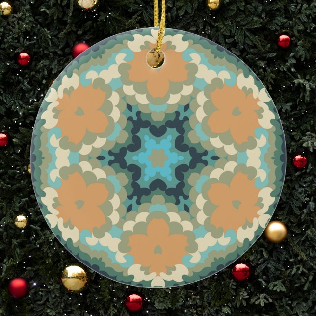 Retro Mandala Orange and Blue Ceramic Tree Decoration (Orange and Blue Retro Mandala Christmas Ornament from Wormhole Orbital)