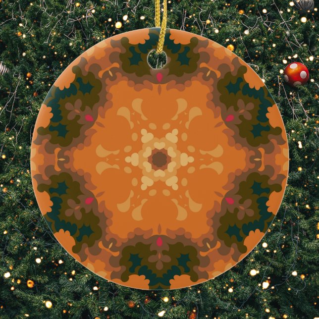 Retro Mandala Orange and Yellow Ceramic Tree Decoration (Orange and Yellow Retro Mandala Christmas Ornament from Wormhole Orbital)