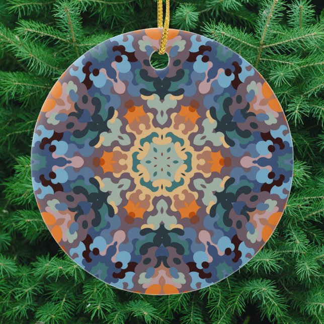 Retro Mandala Orange Blue and Yellow Ceramic Tree Decoration (Orange and Blue Retro Mandala Christmas Ornament from Wormhole Orbital)
