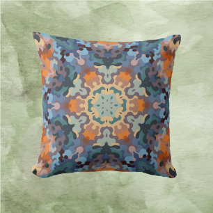 Retro Mandala Orange Blue and Yellow Cushion