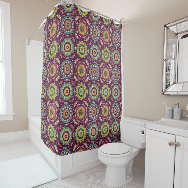 Retro Mandala Pattern Shower Curtain (In Situ)