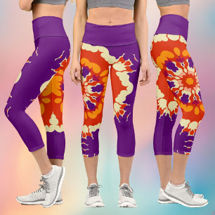 Retro Mandala Purple Red and Orange Capri Leggings