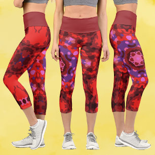 Retro Mandala Red and Purple Capri Leggings