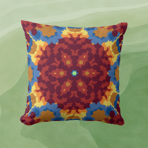 Retro Mandala Red Blue and Yellow Cushion